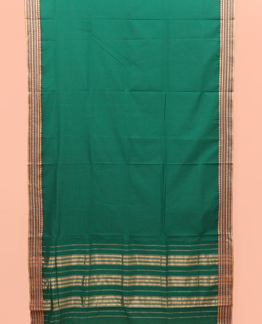 Green Plain Nine-Yard Cotton Saree, Complemented  by a Contrast Traditional Design Border, Striped Pallu, and Comes Without a Blouse