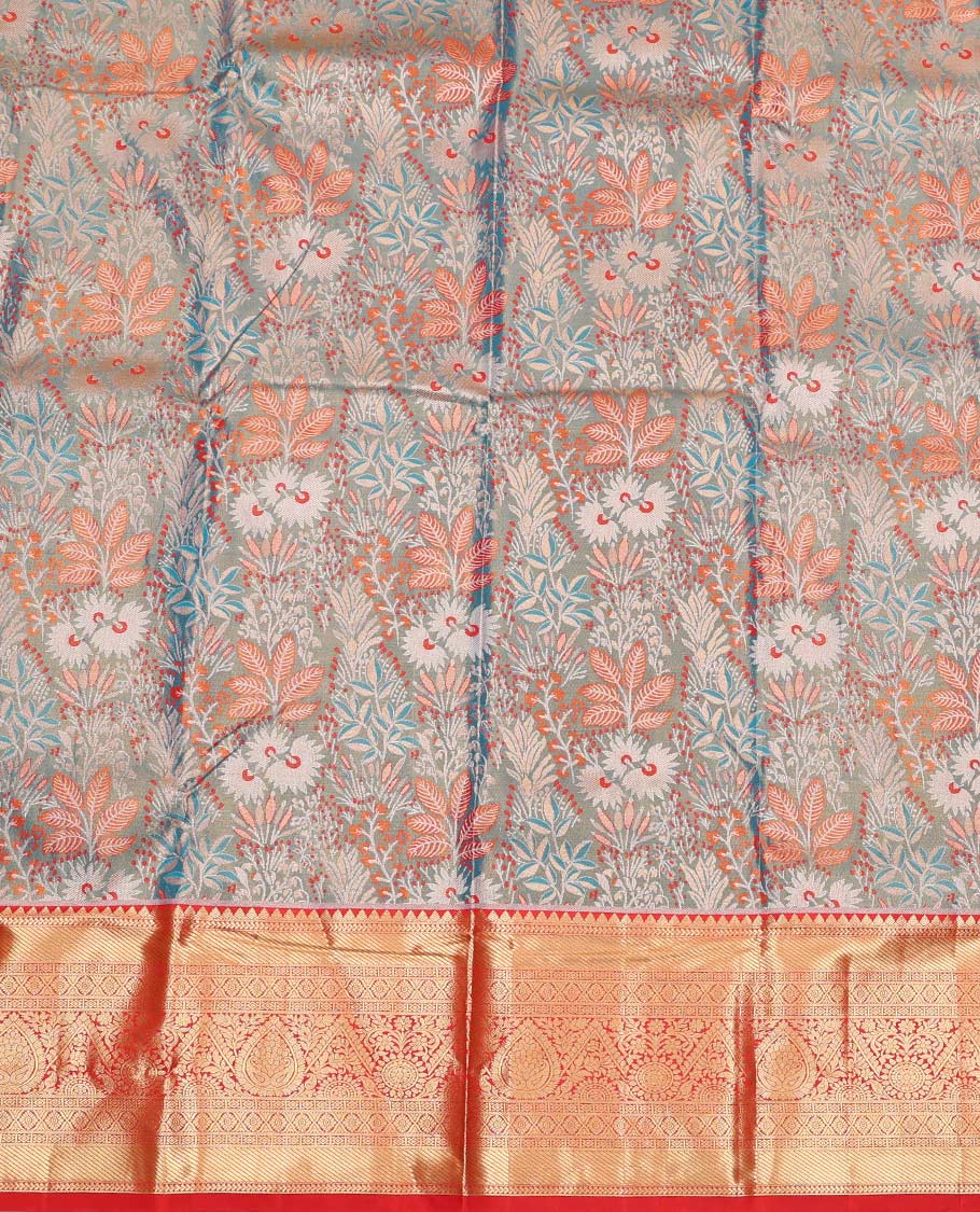 Blue Art Silk Material Half Saree Set, Opulently Embellished with Tropical-Floral Jacquard Design Skirt, a Contrast Traditional Zari Design Border, Contrast Zari-Jacquard Blouse, and a Dhavani of Floral Designs