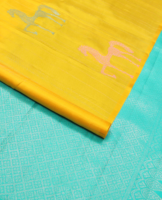 Borderless yellow horse buttas kancheepuram silk saree with jaal design pallu