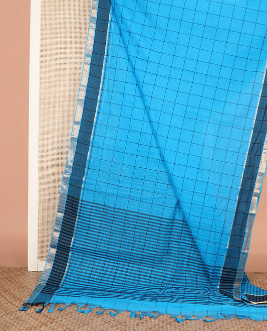 Blue Checked Mangalagiri Cotton Saree Complemented by a Contrast Border of Temple Zari Designs, and Self-Pallu Steeped with Stripes