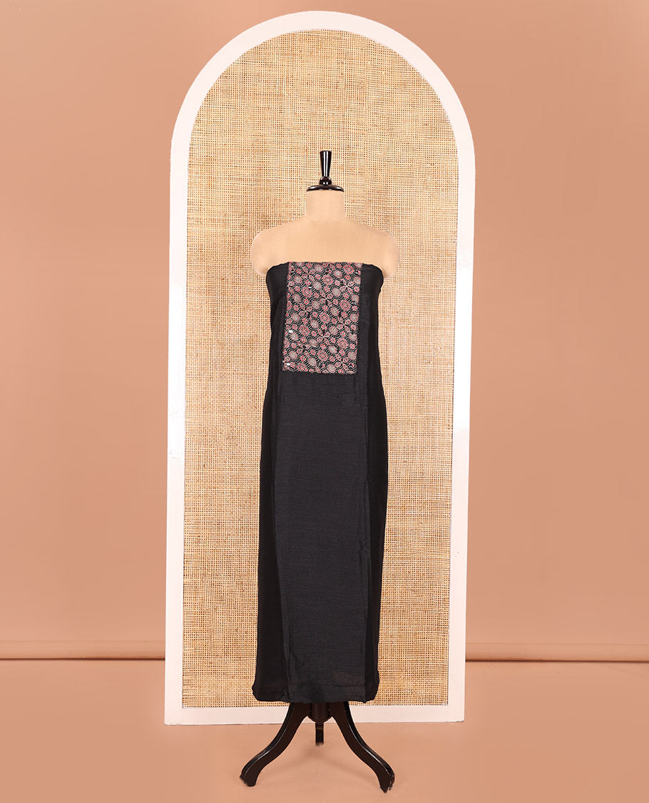 Black Material Chudidhar Set, Embellished with Ajrakh Patch Work and Mirror Work, Vichitra Silk Top, Plain Santoon Bottom, and Chinon Silk Dupatta Featuring Intricate Ajrakh Prints