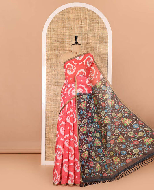 Borderless pink shibori printed linen cotton saree, contrast kaleidoscope colored kalamkari floral vine print, and a contrast printed blouse