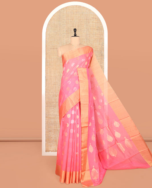 Pink Silk Cotton Saree, Prettified with Polka Dot Buttas, a Gleaming Bavanji Border, Pallu of Intricate Designs, and a Matching Blouse