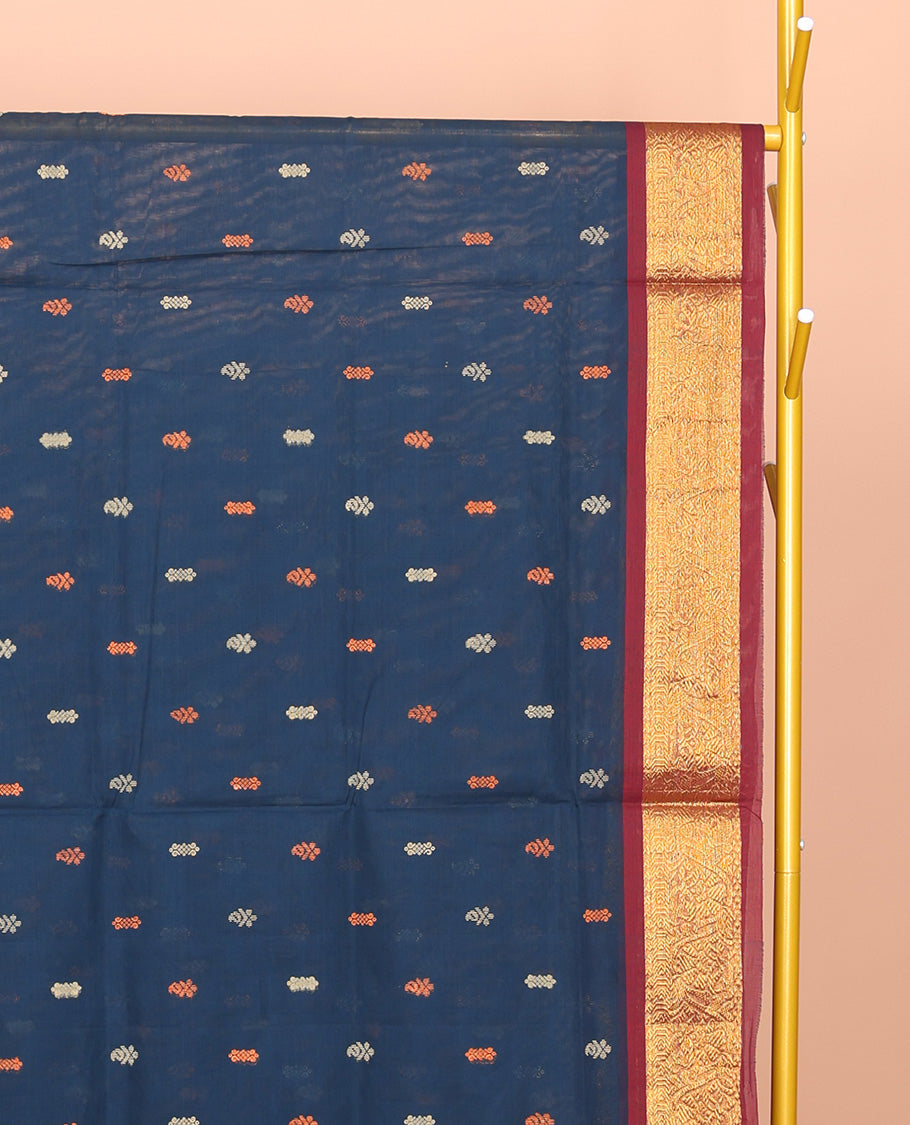 Blue Venkatagiri Cotton Saree, Woven with Thread Buttas, a Contrast Traditional Zari Border, Pallu of Buttas and Stripes, and No Blouse