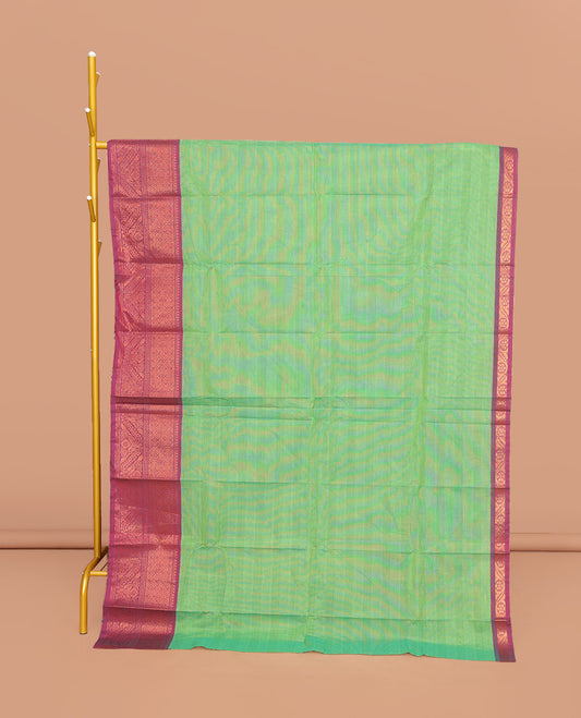 Green Chettinad Cotton Saree, Complemented by a Contrast Traditional Zari Border, Pallu of Stripes, and Paired with a Matching Blouse