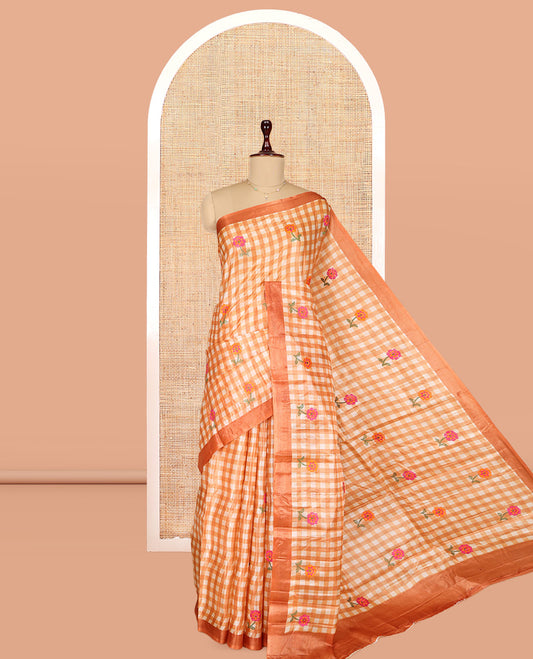 Orange Tusser Silk Saree, Adorned with Checks, a Contrast Border, Self-Pallu, and a Matching Blouse