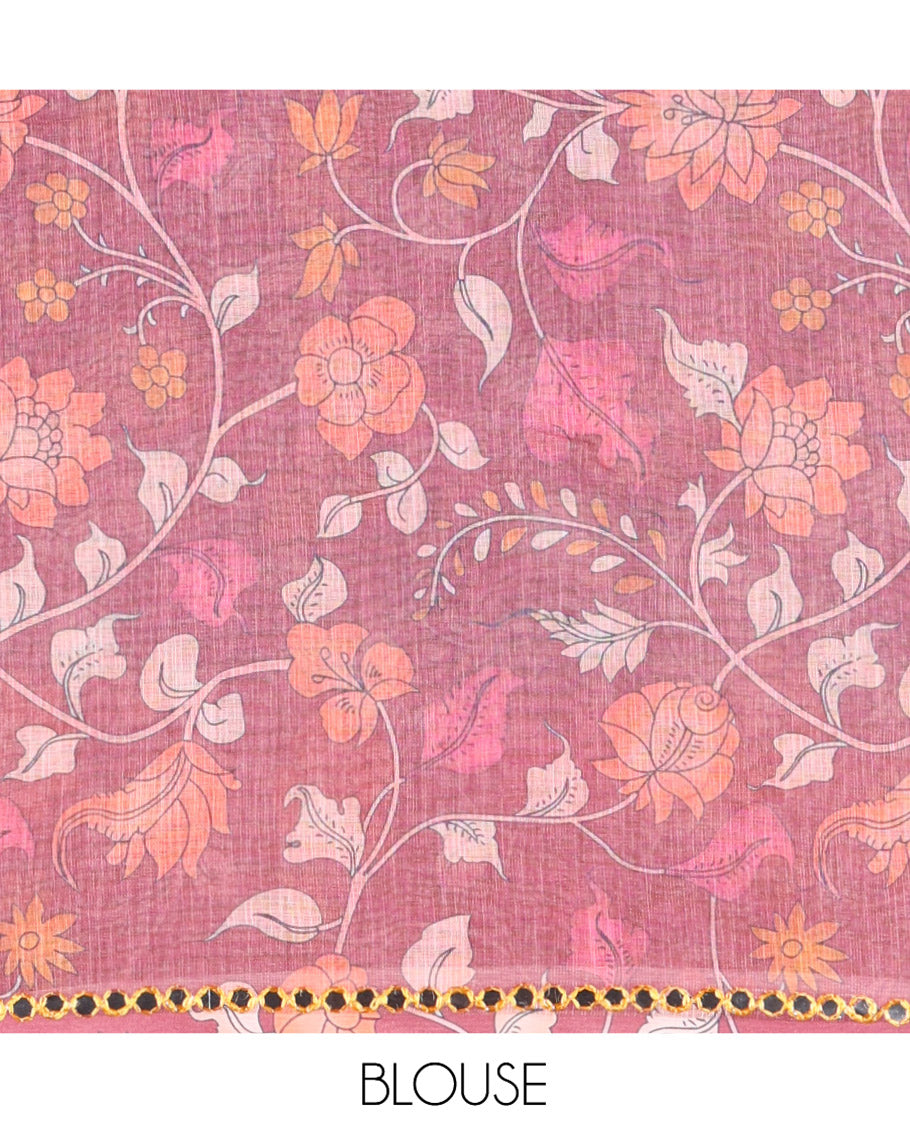 Dusky Blue Plain Linen Cotton Saree, Contrast Plain Scallop Border, a Self-Pallu, and Contrast Kalamkari Printed Blouse