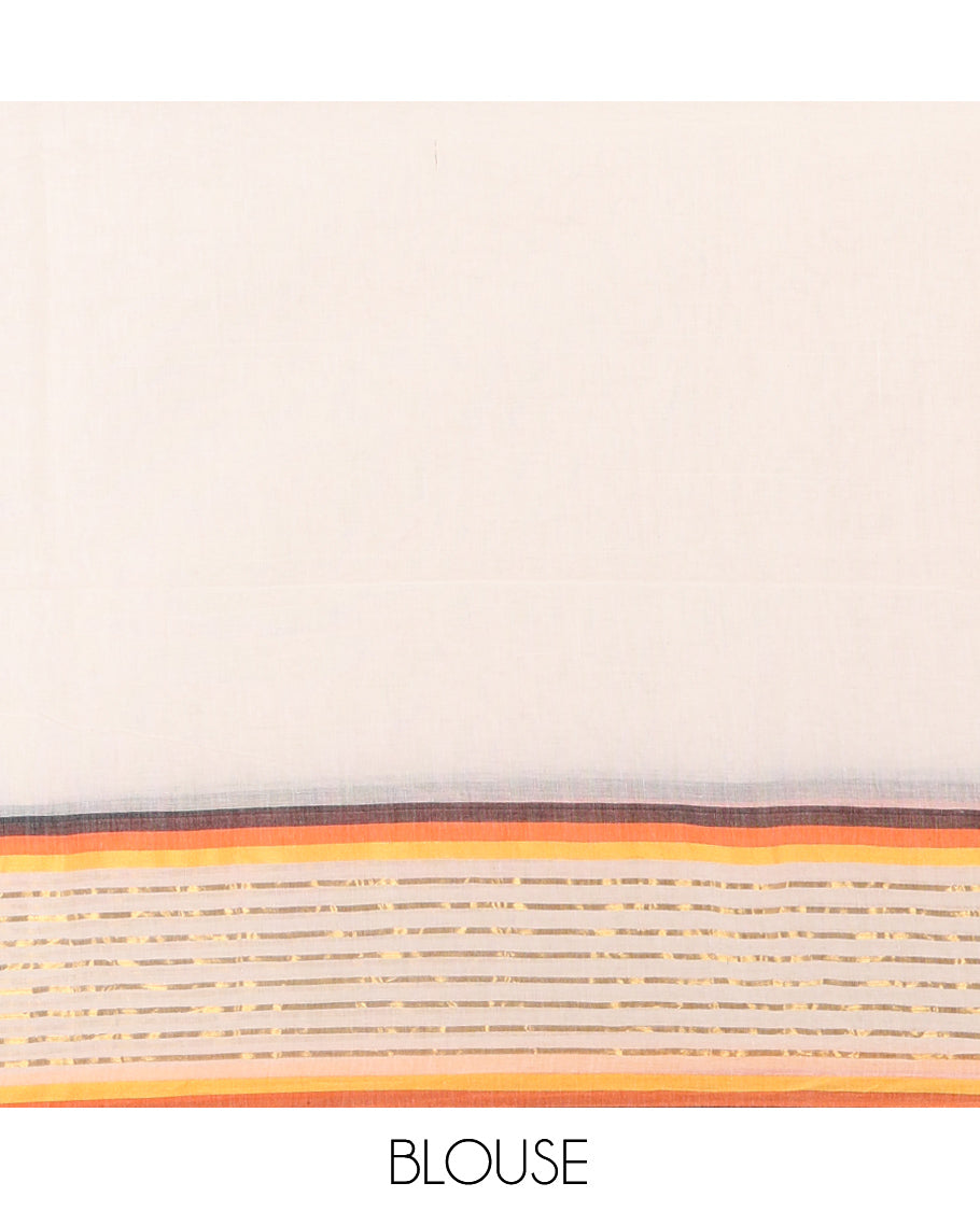 Cream Plain Khadi Mul Cotton Saree, Contrast Gold Zri Striped Border, a Self-Pallu, and No Blouse