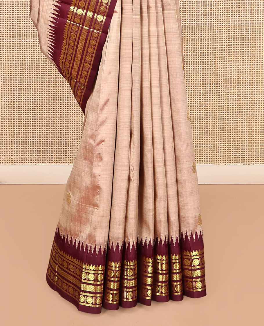 Pale Brown Kanchipuram Silk Saree Featuring Zari Buttas, Complemented by a Contrast One-Sided Temple Border of Thilakam Mokku, Banaras, Poun, and Vanki Designs, Zari Design Pallu, No Blouse