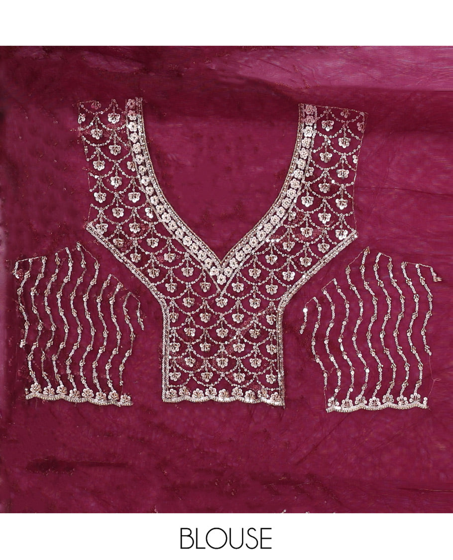 Wine Zig-Zag Sequin Striped Net Designer Saree with Matching Blouse