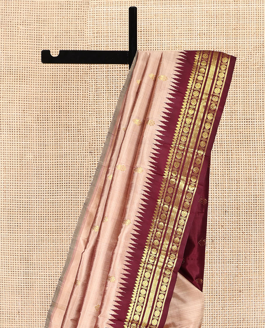Pale Brown Kanchipuram Silk Saree Featuring Zari Buttas, Complemented by a Contrast One-Sided Temple Border of Thilakam Mokku, Banaras, Poun, and Vanki Designs, Zari Design Pallu, No Blouse