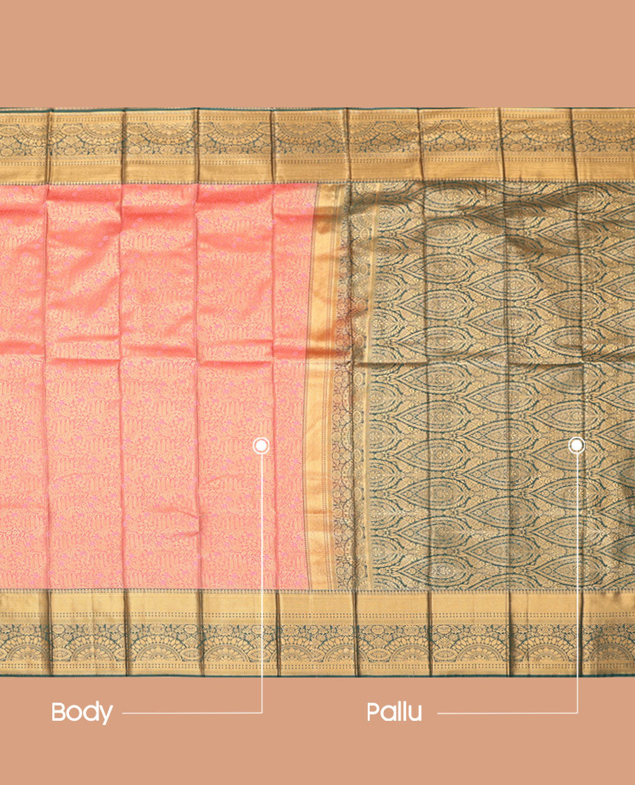 Pink Budget Silk Saree, Ornamented with Jacquard Design, Complemented by Contrast Traditional Zari Border, a Grand Pallu and a Contrast Blouse