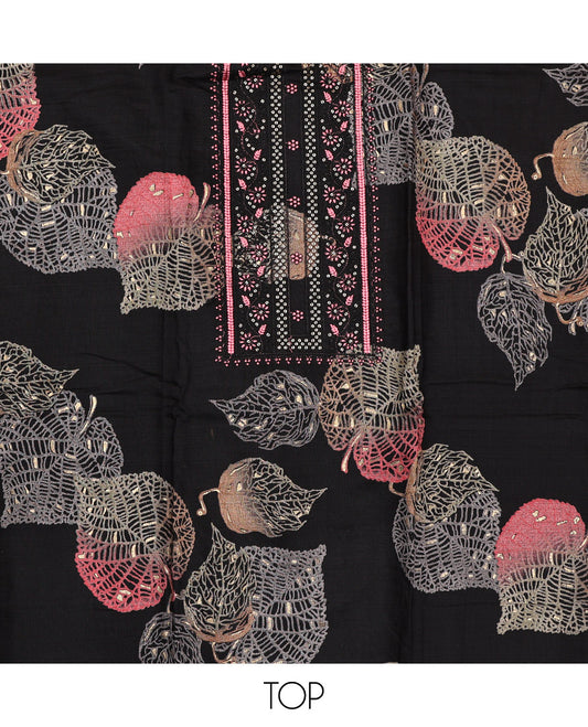 Black Material Chudidar Set, Decorated with Leaf Print and Neck Embroidery on Rayon Top, a Contrast Plain Rayon Bottom, and Paired with a Contrast Sequins Embroidered Chanderi Silk Dupatta