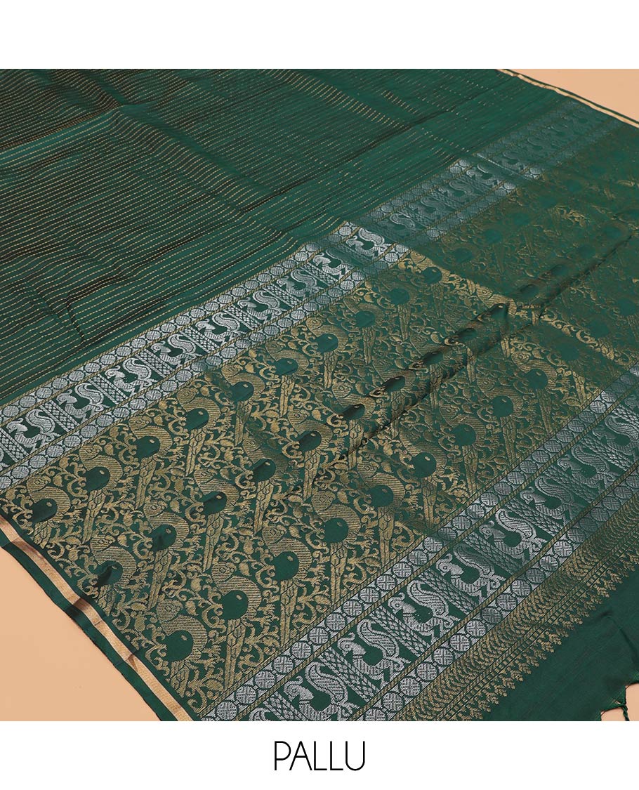 Dark Green Muthu-Striped Mayuri Silk-Mix Saree, a Piping Border, Kili-Motif Pallu, and Matching Blouse