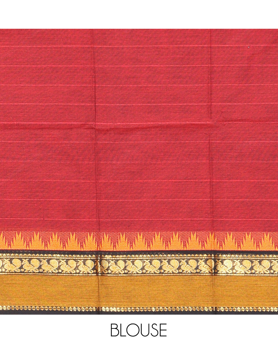 Maroon Cotton Half-Saree Features Checked Skirt, a Contrast Traditional Rettai Pettu Border, a Matching Blouse, and a Contrast Dhavani