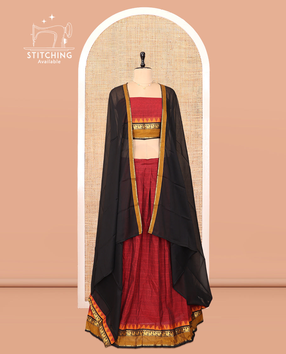 Maroon Cotton Half-Saree Features Checked Skirt, a Contrast Traditional Rettai Pettu Border, a Matching Blouse, and a Contrast Dhavani