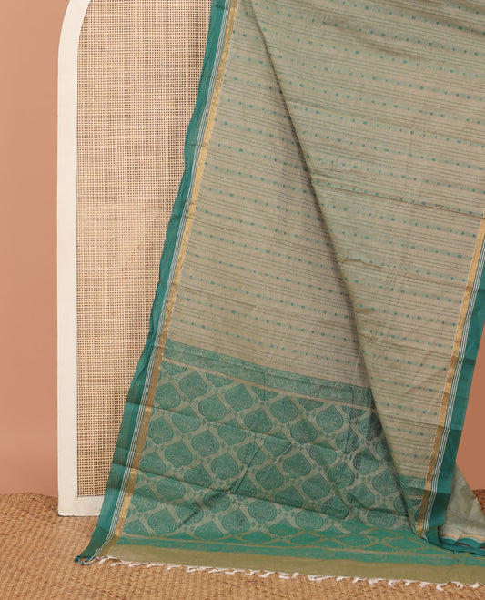 Grey Kanchi Cotton Saree, Sparsely Woven with Thread Buttas All Over Its Body, Complemented by a Contrast Zari Striped Border, Pallu Steeped with Spade Designs, and Paired with a Matching Blouse