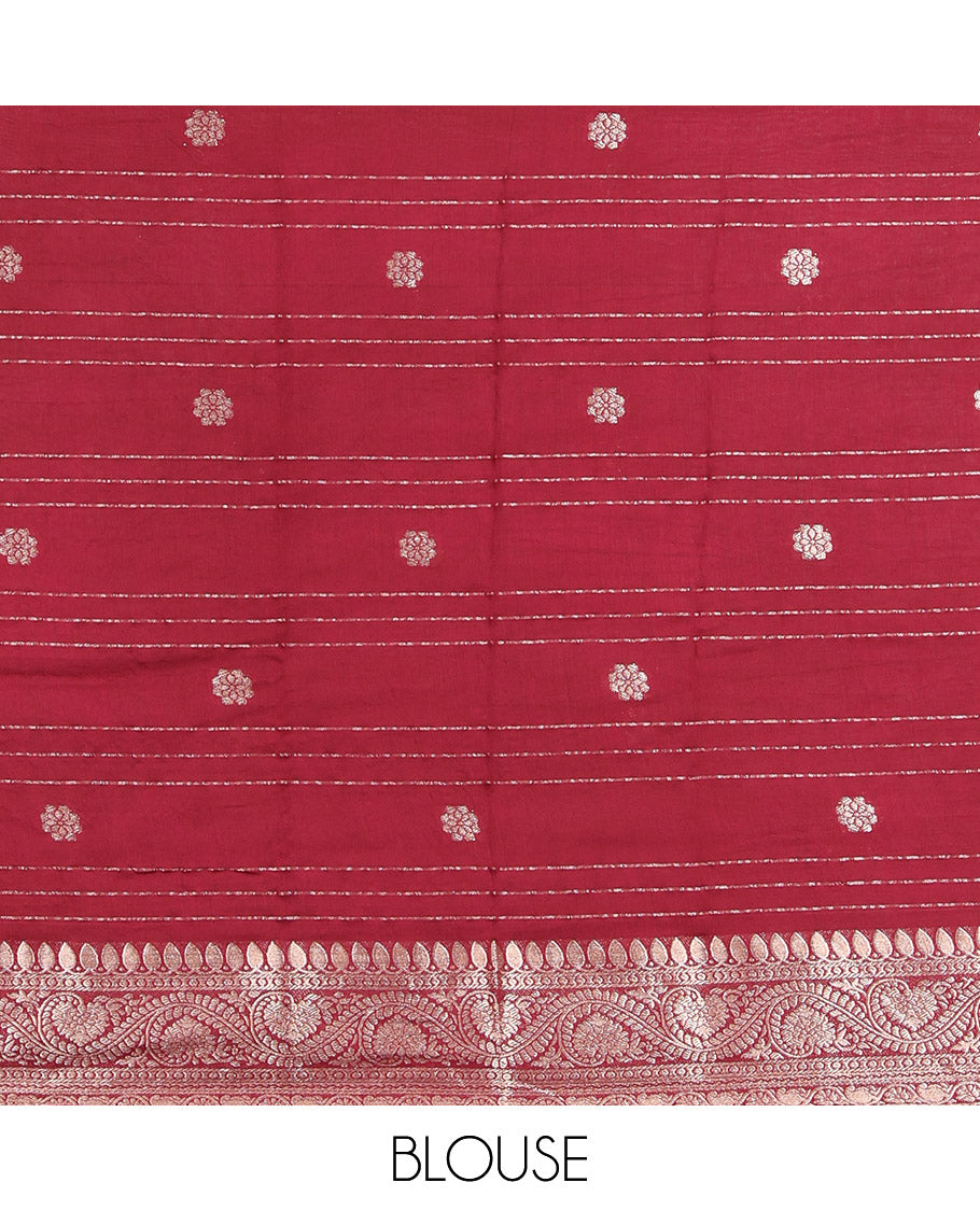 Green Assam Silk Saree, Decorated with Zari Buttas and Stripes, Complemented by Contrast Floral Creeper Border,  Zari Woven Pallu, and Contrast Blouse
