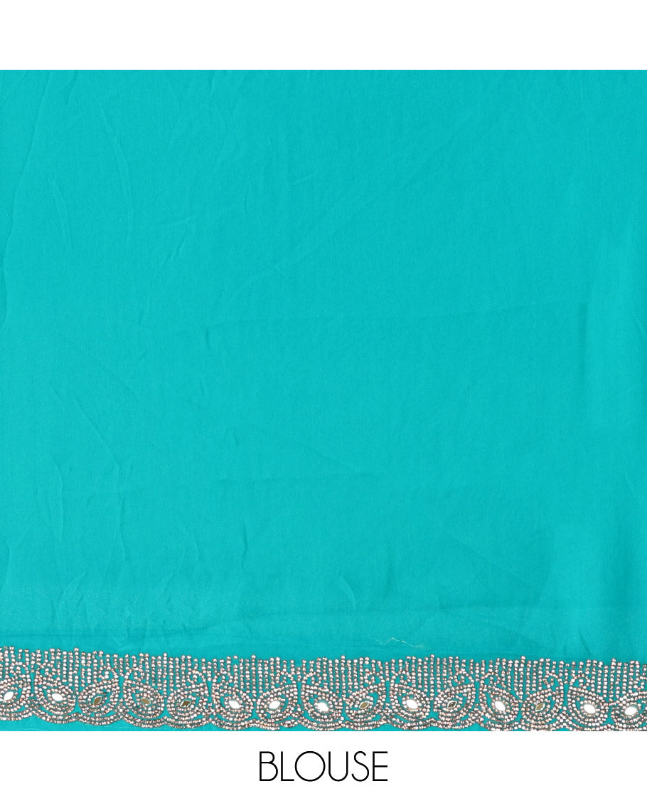 Blue Designer Saree, Prettified with Floral-Paisley Embroidery, a Scallop Stone Work Border, and a Matching Blouse