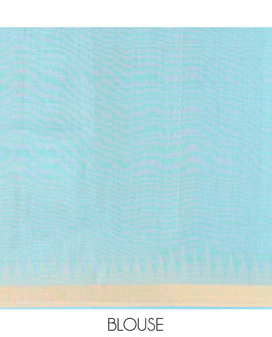 Blue Tussar Silk Saree, Subtly Sparkled with Buttas, a Subtle Temple Border, Pallu Features Stripes and Buttas, and a Matching Blouse