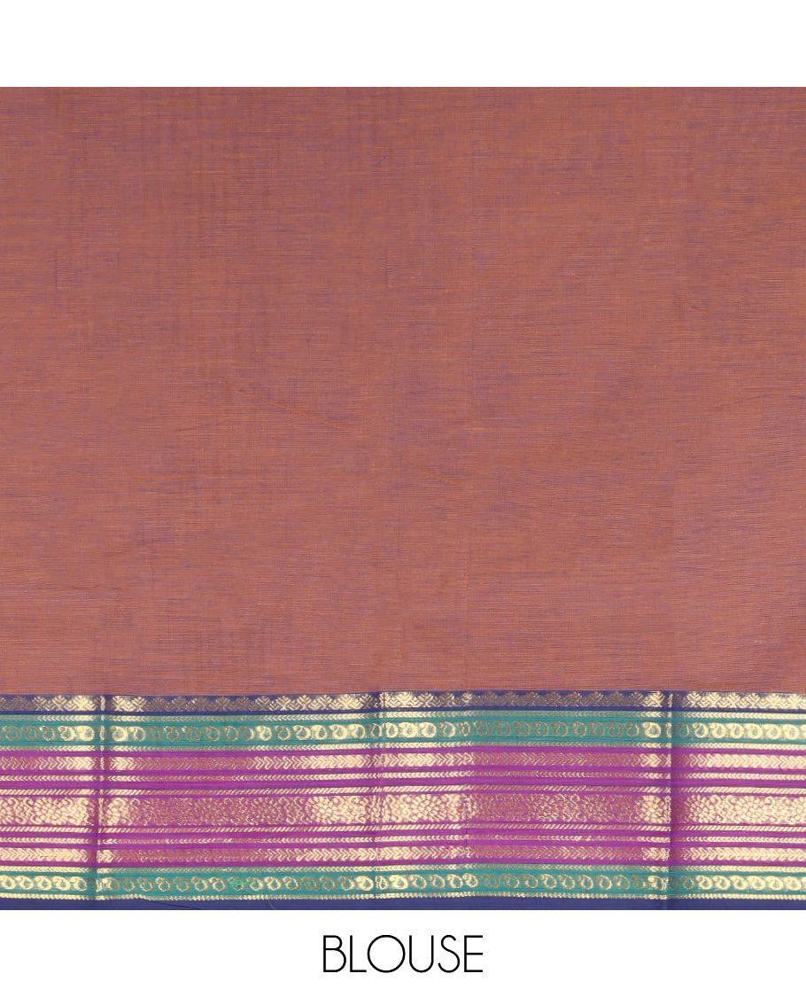 Brown Plain Chettinad Cotton Saree, Complemented by a Contrast Traditional Zari Design Border, Pallu of Stripes, and Paired with a Matching Blouse