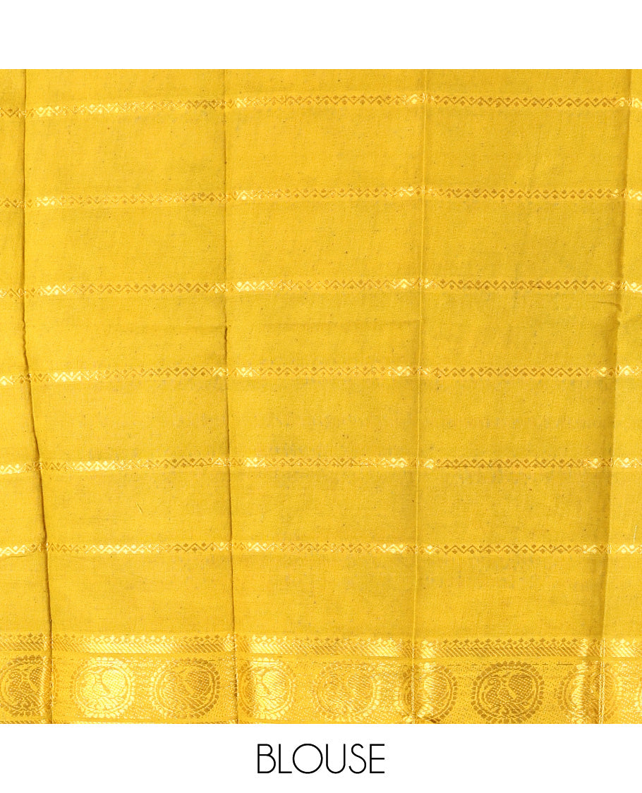 Red Sungudi Cotton Saree, Detailed with Zari Checks on Its Body, Complemented by a Contrast Traditional Zari Border of Big Peacocks, Zari-Striped Pallu, and Paired with a Contrast Blouse