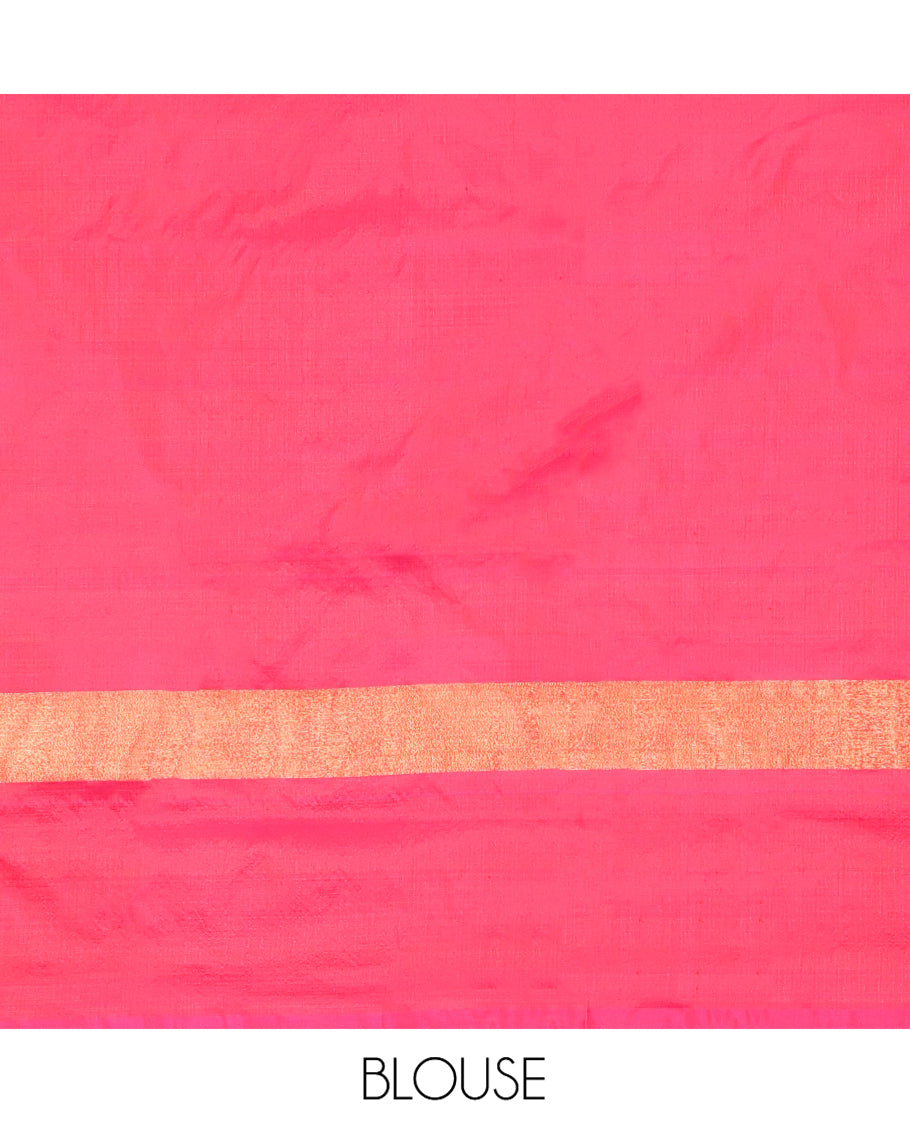 Blue Ikkat Silk Saree, Delicately Woven with Chevron Designs All Over Its Body, Complemented by a Contrast Border, Pallu Steeped with Temple Designs, and Paired with a Contrast Blouse