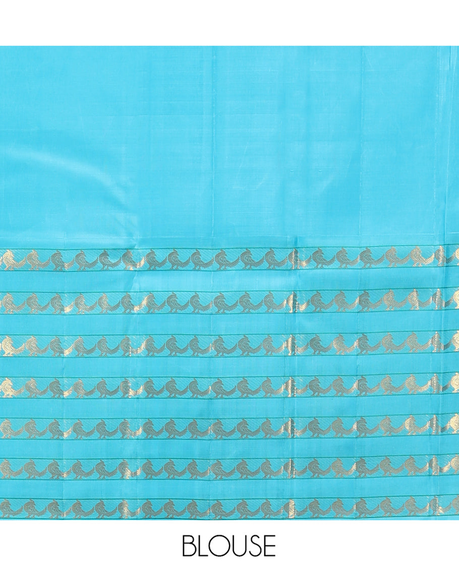 Blue Kanchipuram Designer Silk Saree, Opulently Embellished with Zari Buttas, a Contrast Border Steeped with Kili Designs, Zari-Woven Pallu, and a Contrast Blouse