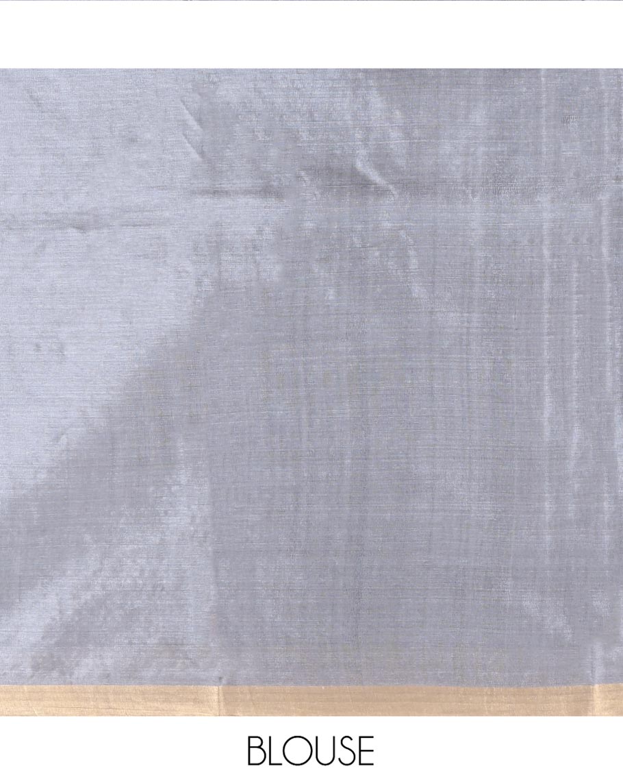Grey Tussar Silk Saree, Sparsely Woven with Zari Buttas on Its Body, Subtly Woven Bavanji Border, Intricately Zari-Designed Pallu, and Paired with a Matching Blouse