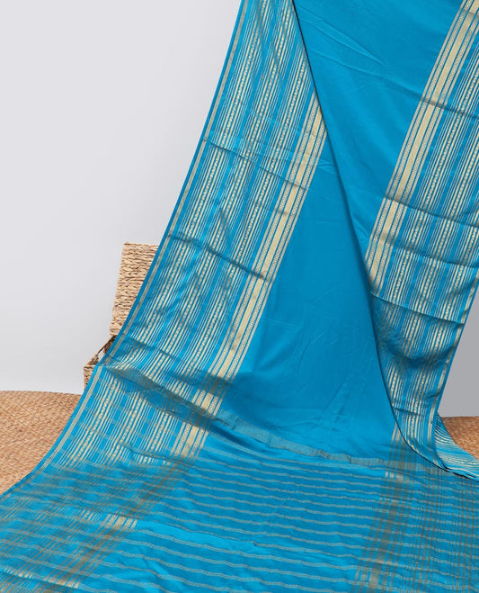 Blue mysore silk saree with contrast traditional design border &  striped zari pallu