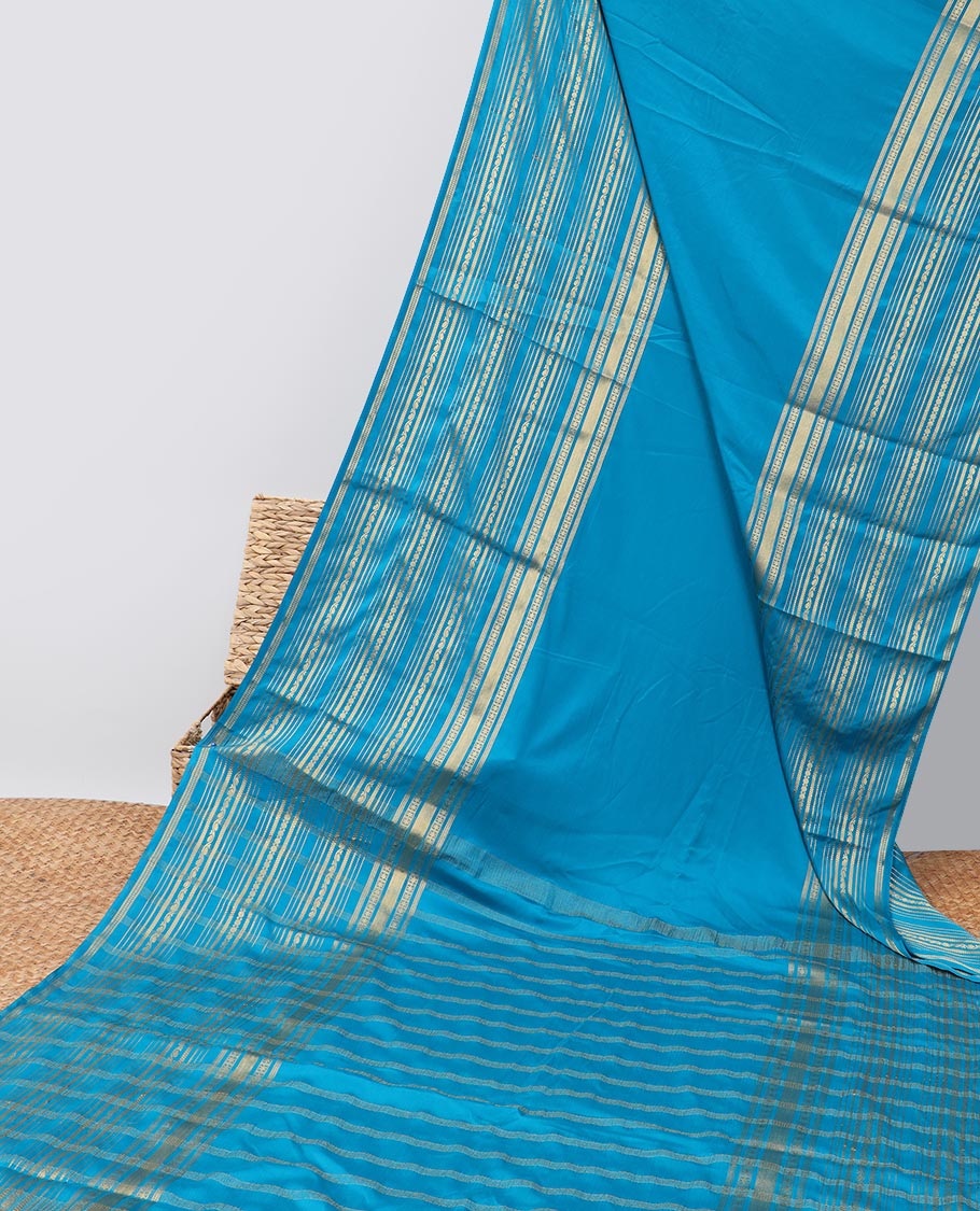 Blue mysore silk saree with contrast traditional design border &  striped zari pallu