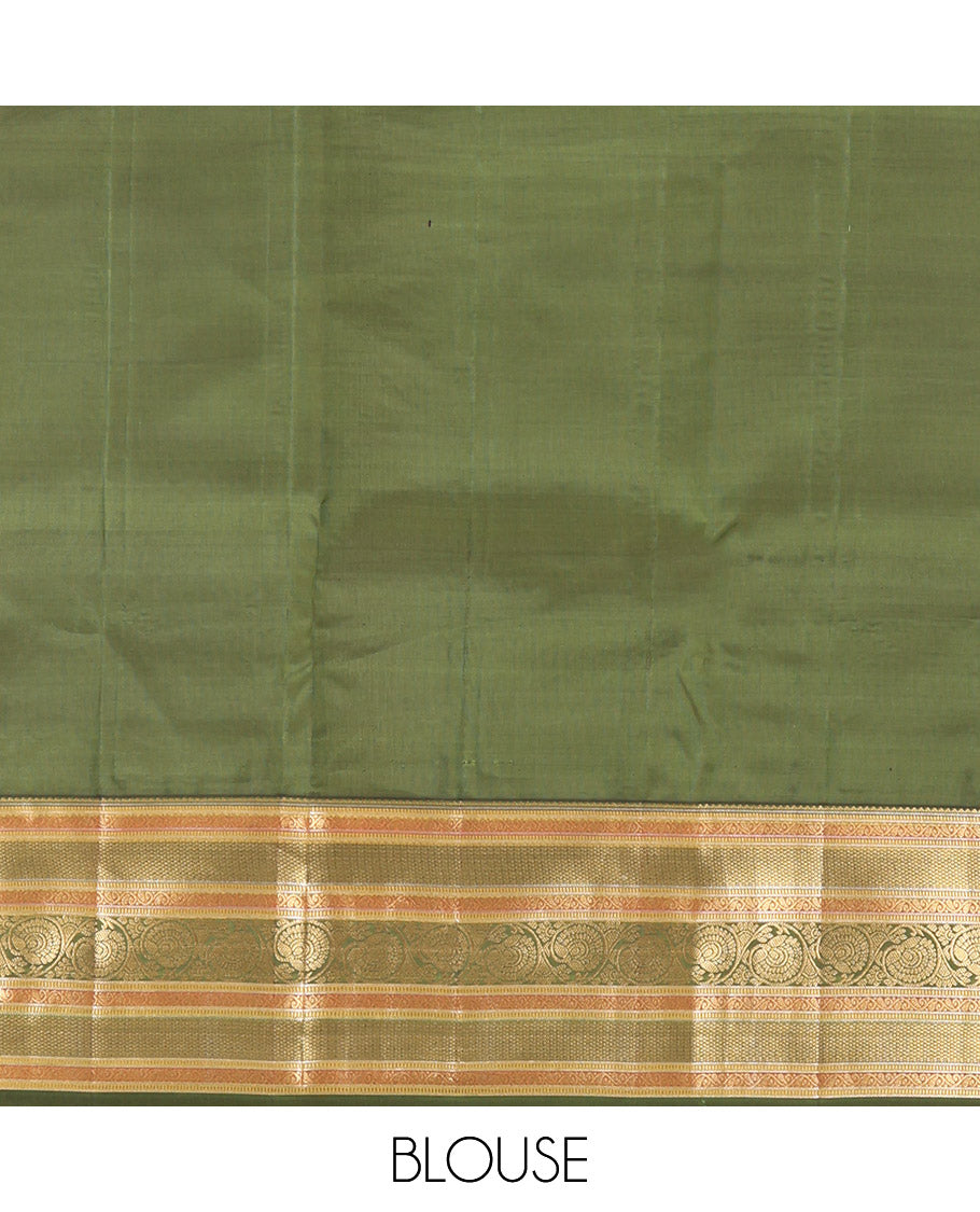 Green Vasundhara Lite Silk Mix Saree, Adorned with Zari Buttas, a Contrast Border of Rekku, Muthu, Kodi Visiry, and Mayil Kann, Jaal Pallu, and a Contrast Blouse