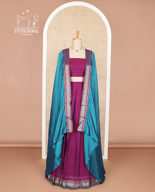 Purple cotton half saree with contrast zari design border, zari design blouse & plain, zari design border dhavani