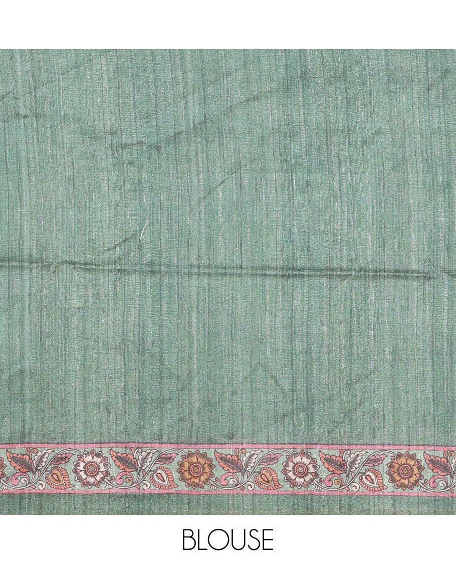 Green kalamkari floral vine printed fancy tussar saree, floral printed border, Tree of life printed pallu, and a matching blouse