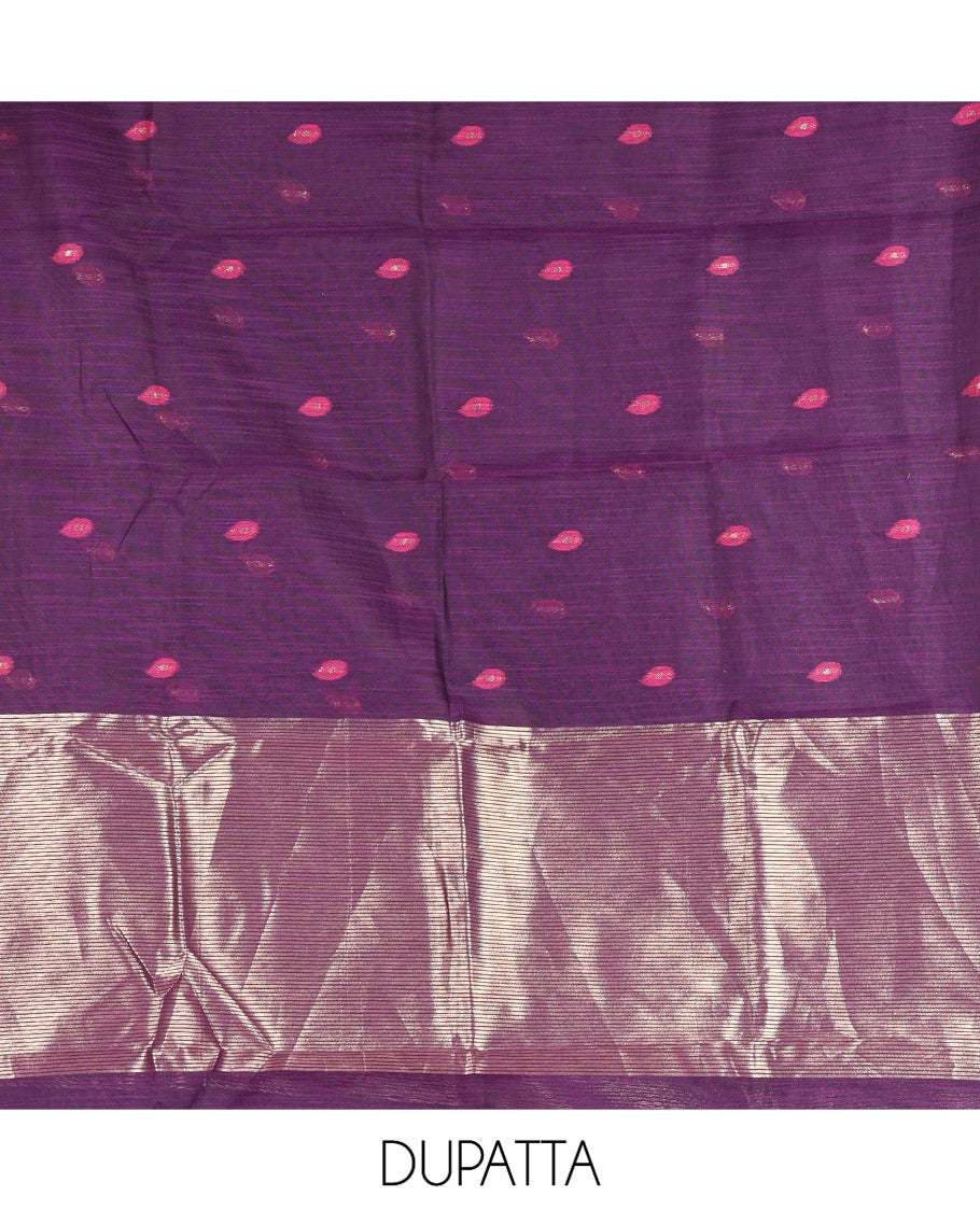 Magenta Semi-Linen Material Churidar, Delicately Woven with Thread Buttas Skirt, a Plain Bottom, and a Thread Buttas Dupatta
