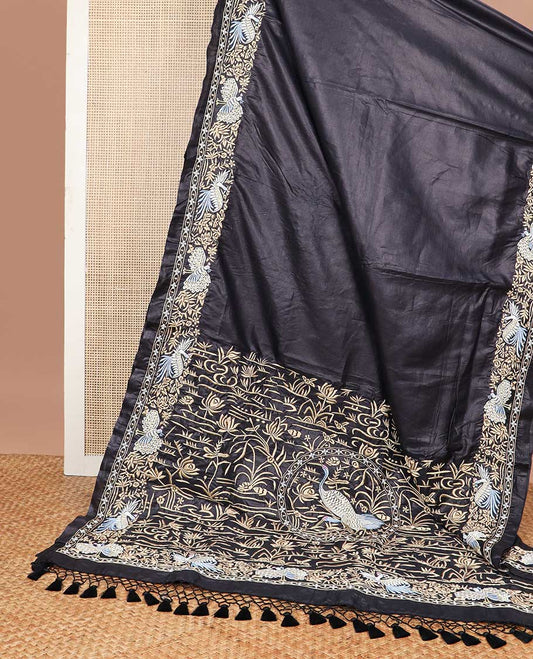 Black tussar saree embroidered border & pond theme embroidery pallu