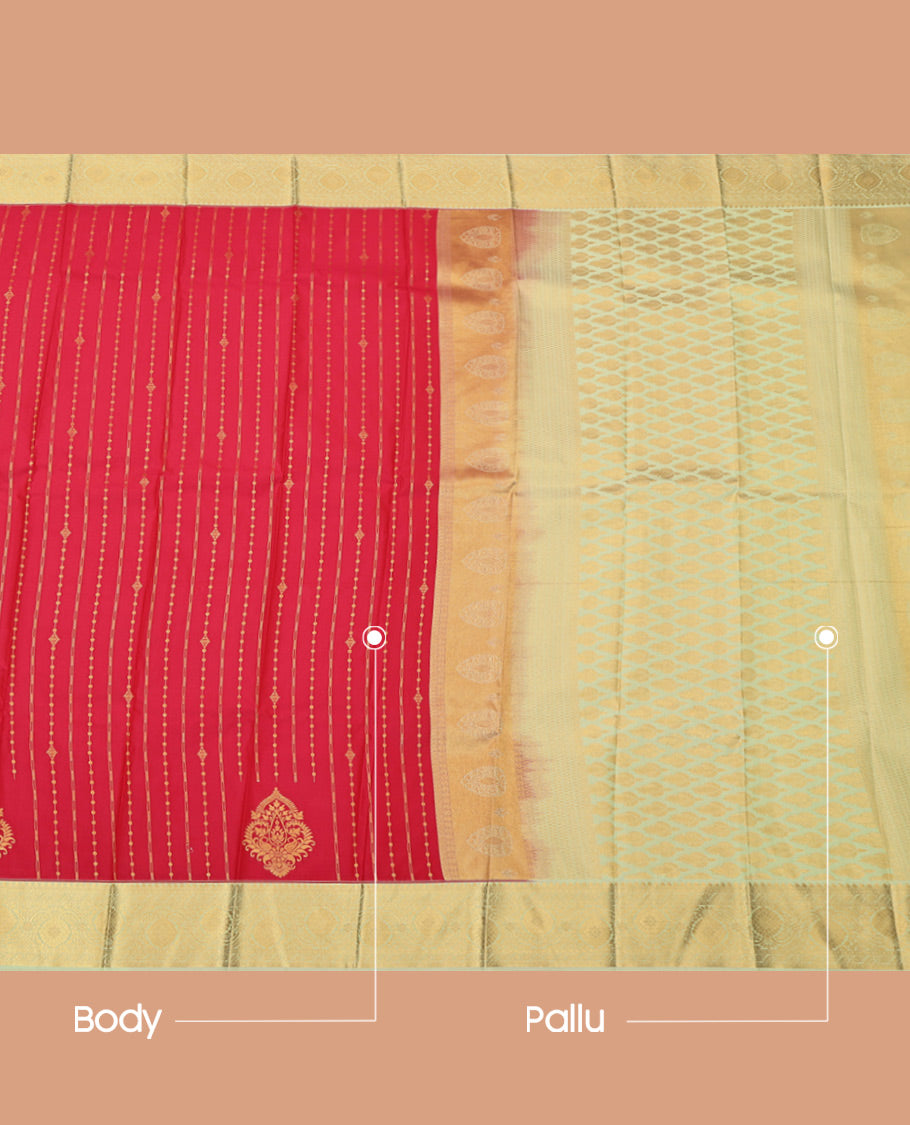 Red Budget Silk Saree, Spotlighted by Zari Designs, Complemented by a Contrast Traditional Zari Border, Grand Pallu, and Contrast Blouse
