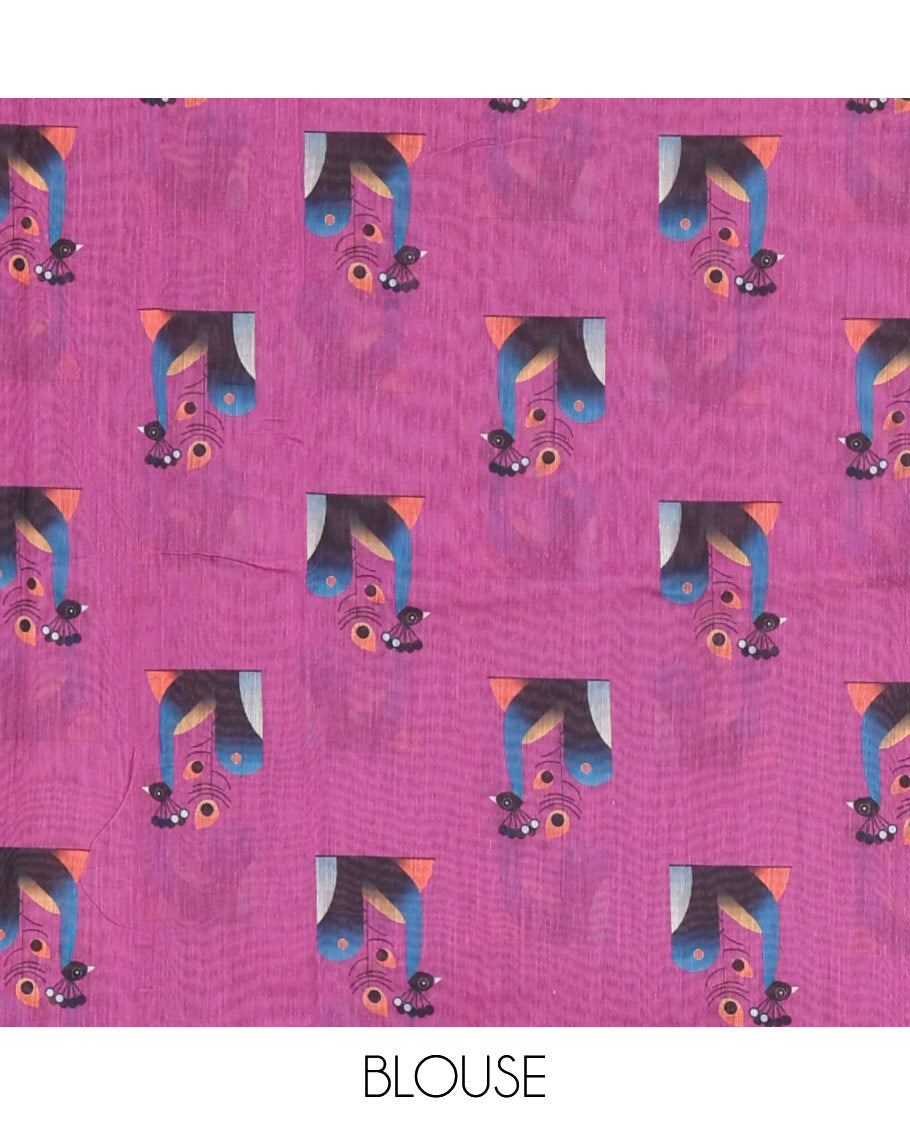 Borderless purple modern art style Radha Krishna motifs printed chanderi cotton saree, big Radha Krishna motifs printed pallu and a contrast printed blouse