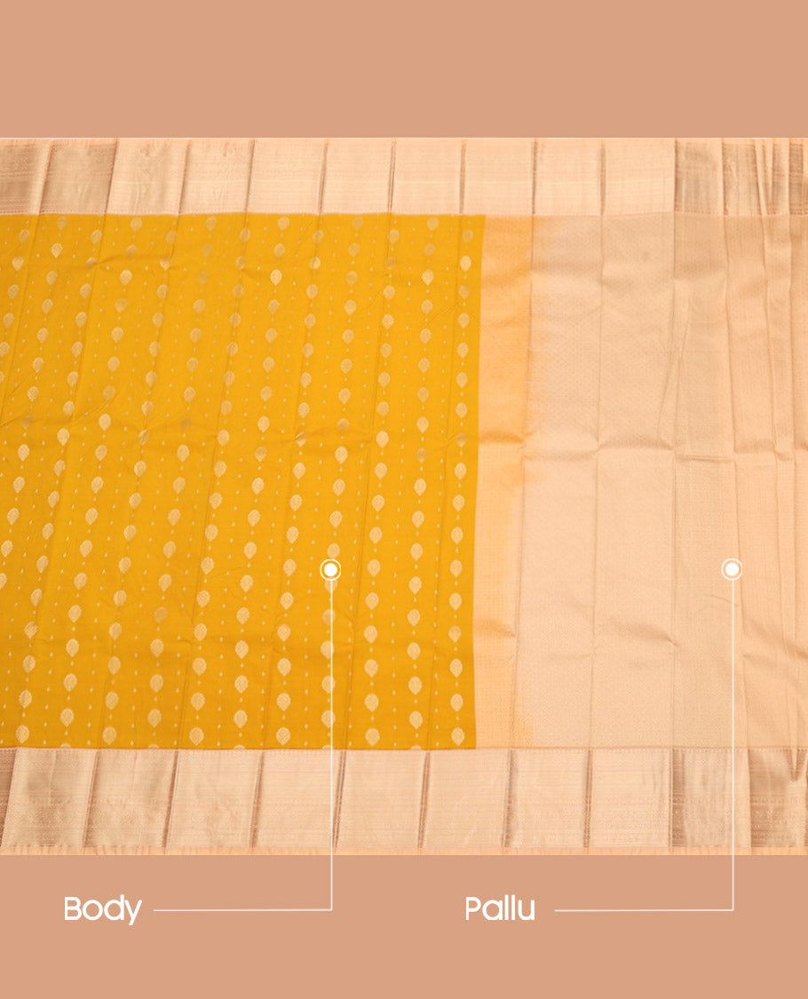 Yellow Budget Silk Saree, Sparsely Woven with Zari Buttas, Complemented by a Contrast Traditional Zari Border, Jaal Pallu, and a Contrast Blouse