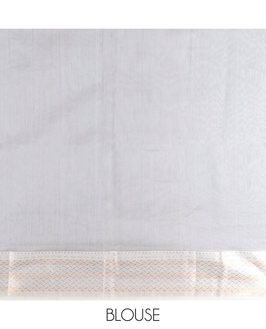 Light grey maheshwari cotton saree with contrast floral zari design border & striped pallu