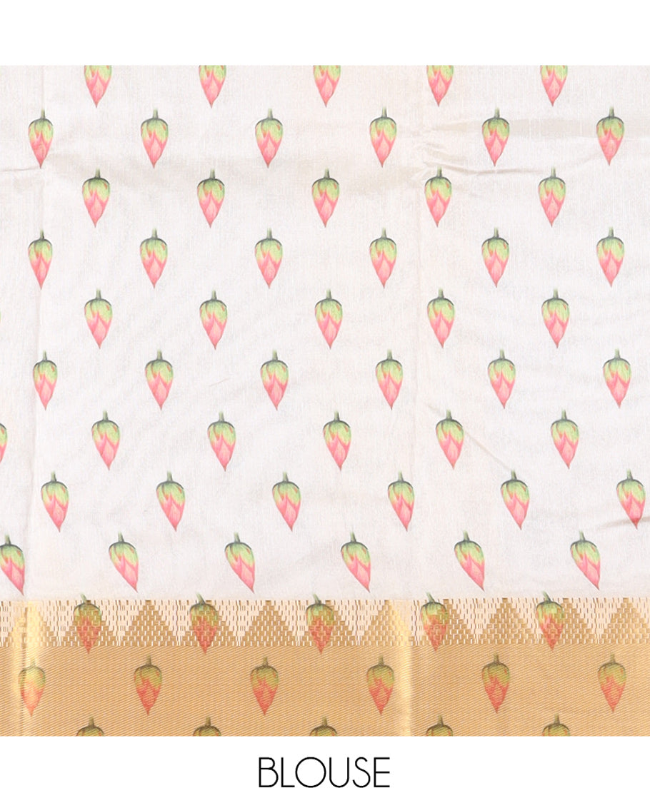 Cream Semi-Tussar Saree Features Pichwai Lotus-Printed Zari Border, and Matching Blouse