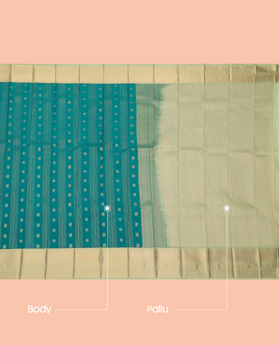 Green Budget Silk Saree, Ornamented with Peacock-Chakram Buttas and Stripes, Complemented by a Contrast Traditional Zari Border, Grand Pallu, and a Contrast Blouse
