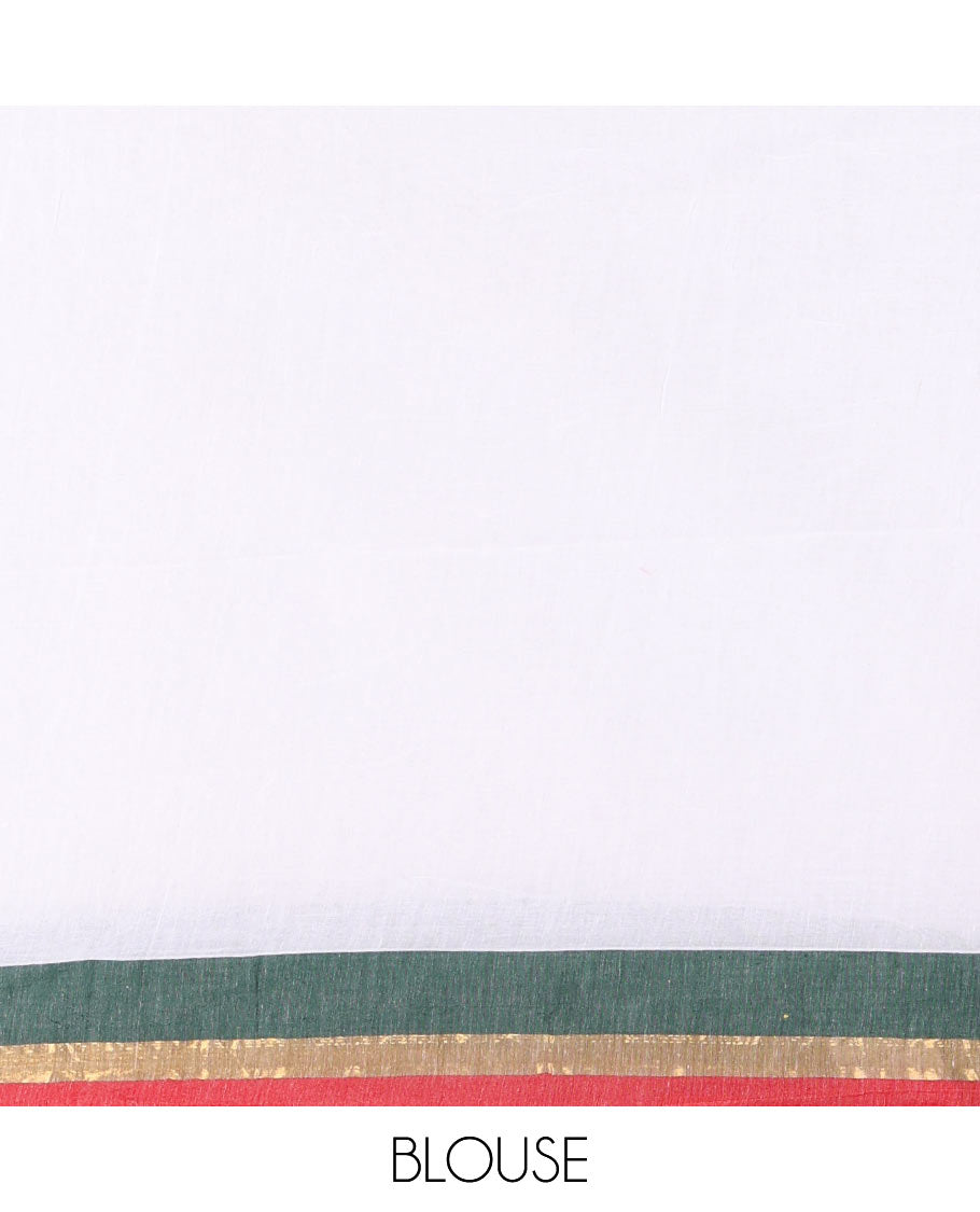 Half-white full-plain Khadi mul cotton saree, contrast red and green zari border, plain pallu, and a plain blouse
