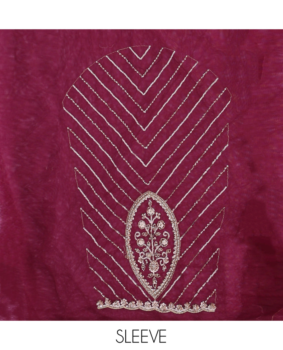 Wine Zig-Zag Sequin Striped Net Designer Saree with Matching Blouse