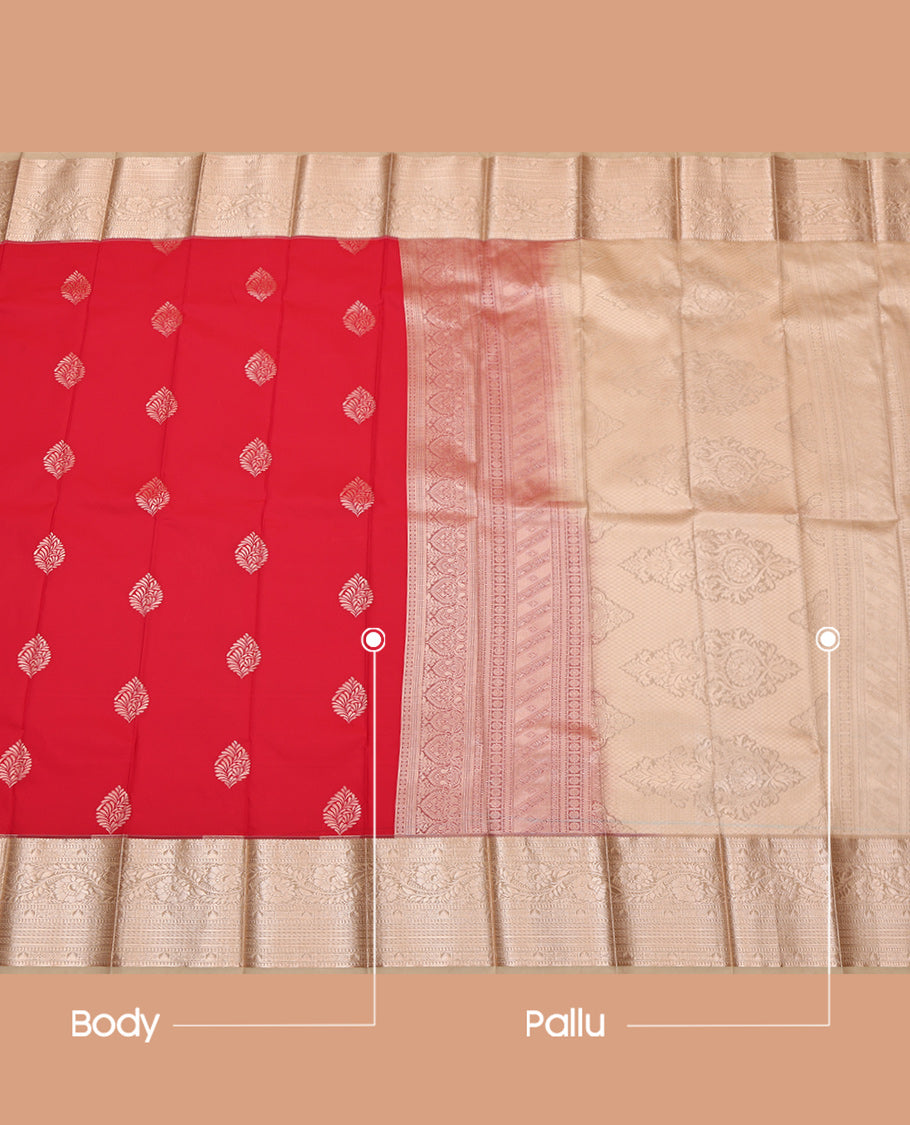 Red Budget Silk Saree, Spotlighted with Zari Buttas, Complemented by a Contrast Traditional Zari Border, Grand Pallu, and Contrast Blouse