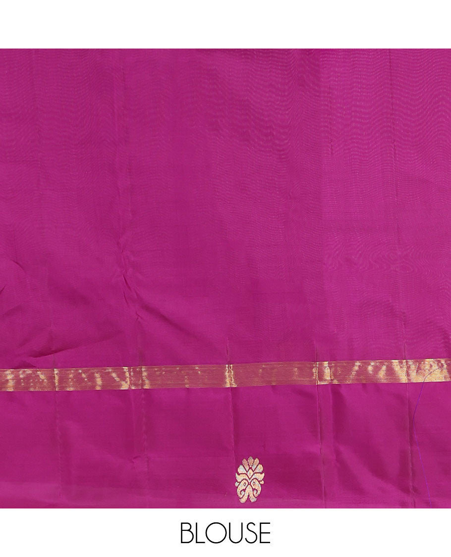 Purple Kanchipuram Silk Saree, Woven with Zari Buttas, a Contrast Zari Buttas Woven Border, Zari Design Pallu, and a Contrast Blouse