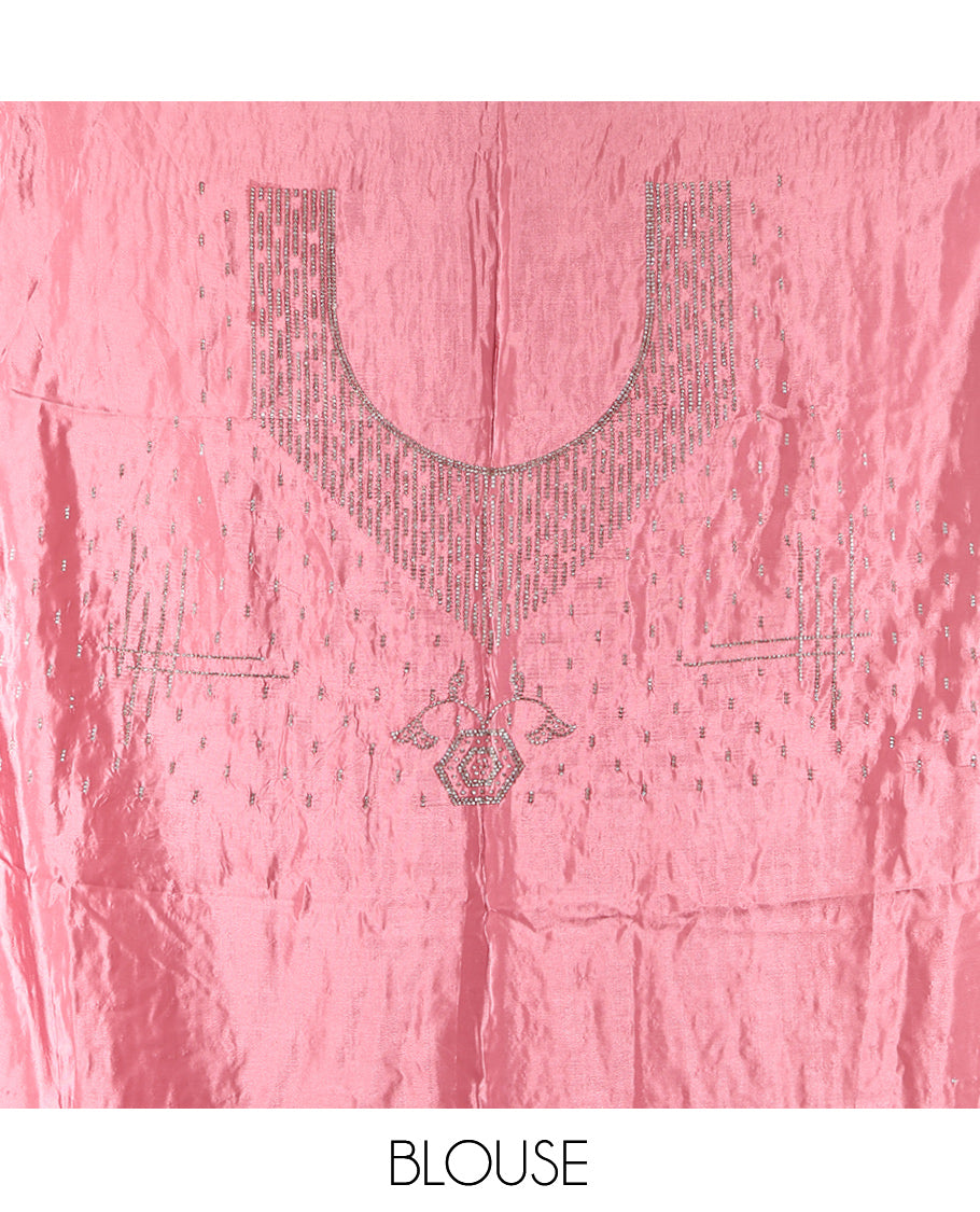 Pink Designer Saree, Subtly Enriched with Stonework, a Scallop Stonework Border, and a Matching Blouse