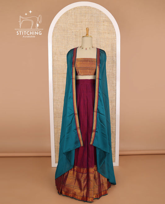 Maroon cotton half saree with contrast intricate zari design border, zari design blouse & plain, zari design border dhavani