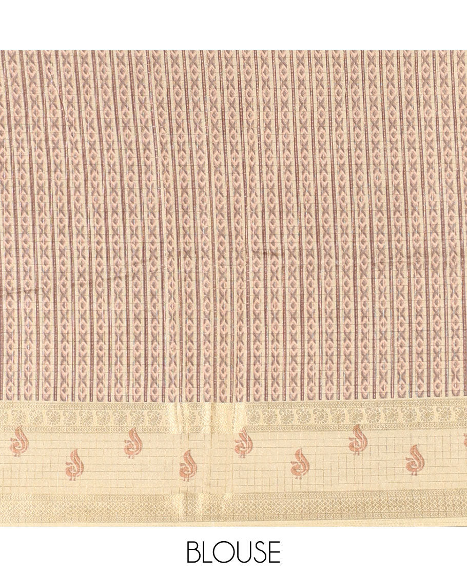 Purple gold zari checked katan silk saree with contrast traditional zari border of peacock print, peacock printed pallu, and contrast printed blouse