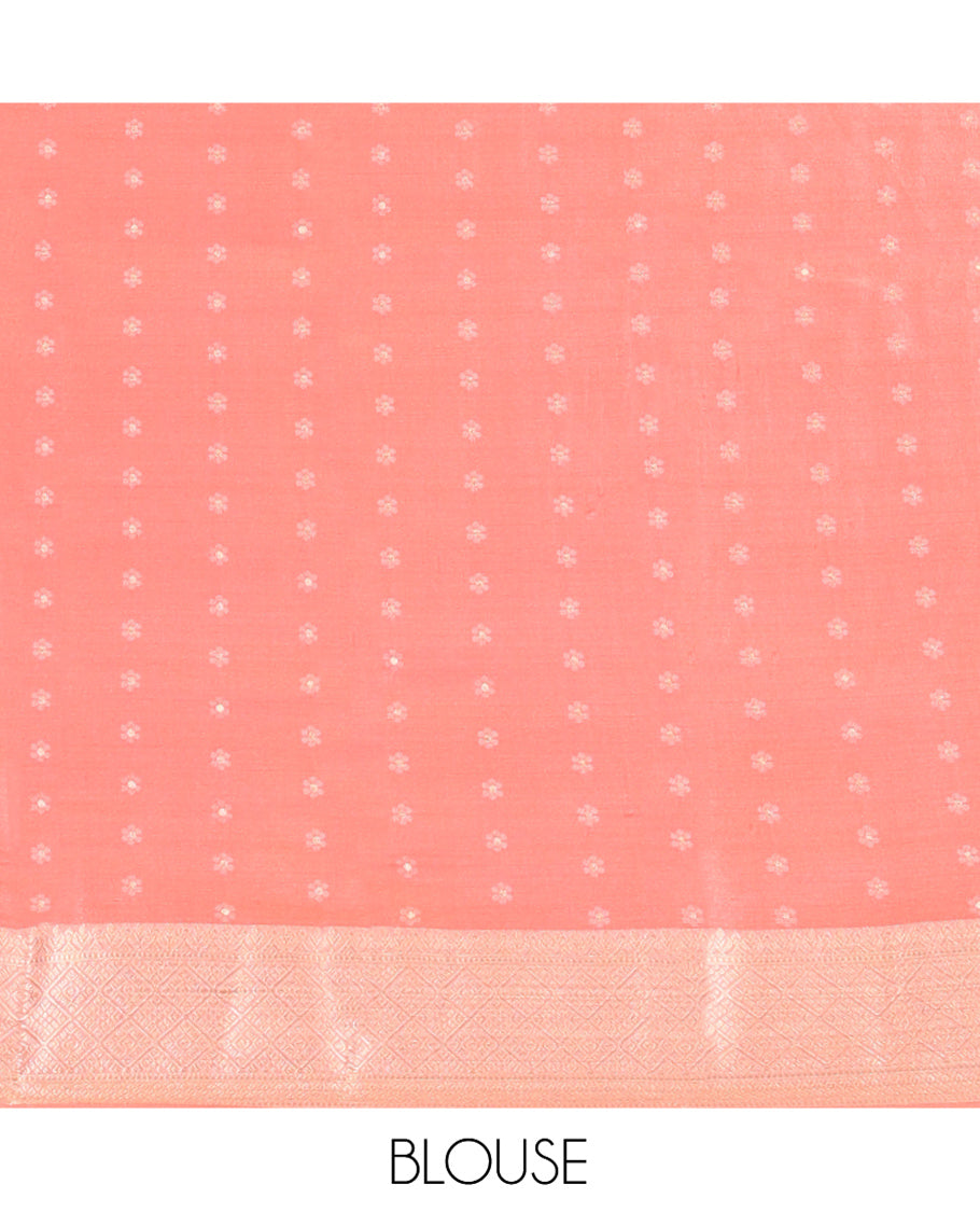 Orange Satin Silk Saree, Delicately Woven with Floral Buttas All Over Its Body, Complemented by a Contrast Border of Jaal Designs, Pallu of Jaal Designs in Zari, and Paired with a Contrast Blouse